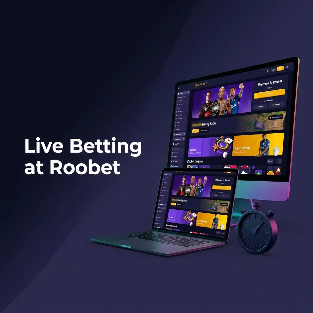 Roobet live betting interface showing in-play sportsbook with real-time odds for football, basketball and esports markets