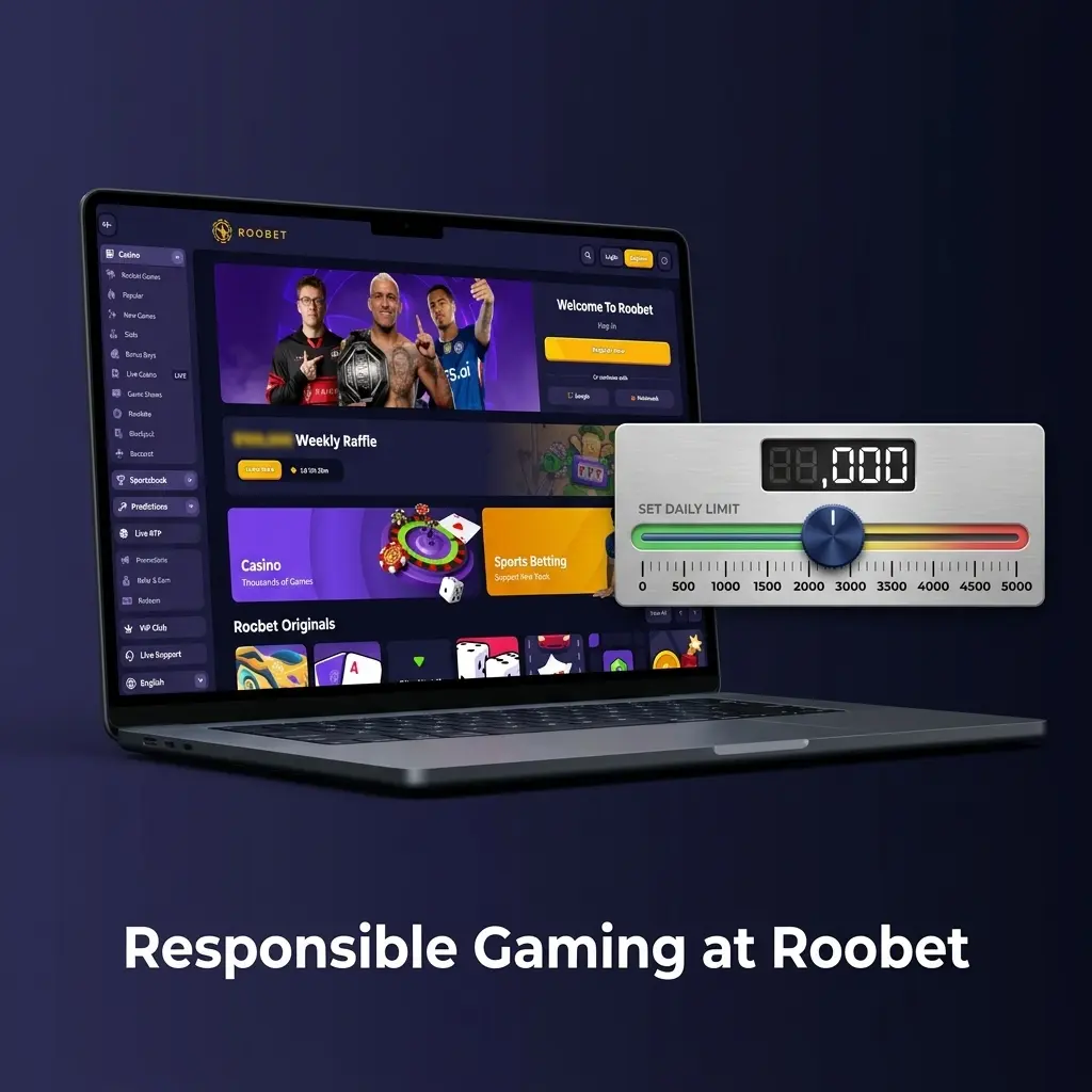 Roobet responsible gaming tools including deposit limits, self-exclusion, and UK support links like GamCare and BeGambleAware