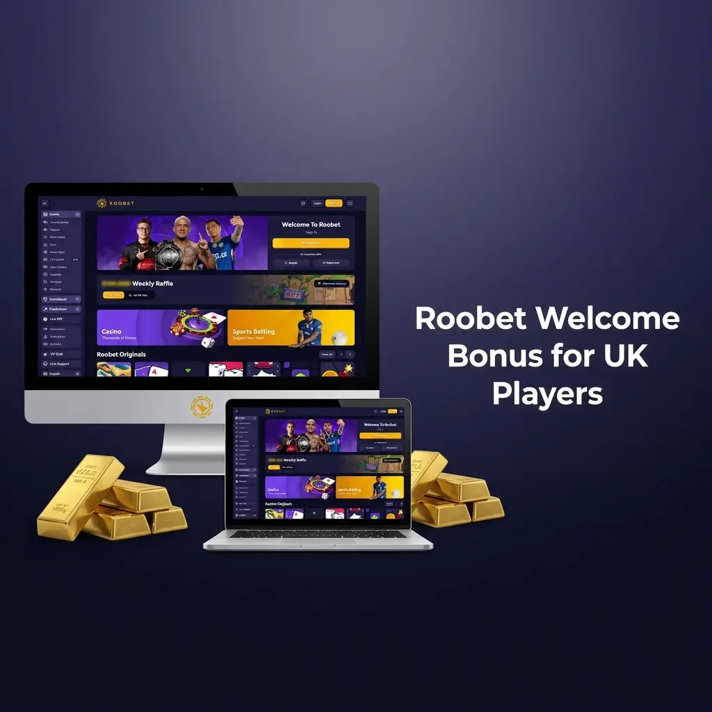 Roobet welcome bonus for UK players showing casino 100% up to 0.10 BTC and sportsbook 100% up to 0.05 BTC offers